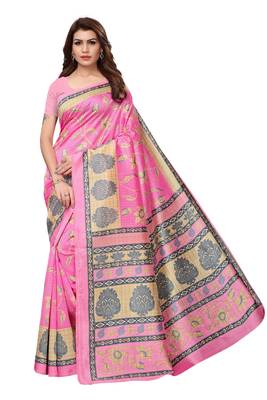 Peach printed art silk saree with blouse 1