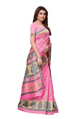 Peach printed art silk saree with blouse 3