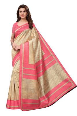 Beige printed art silk saree with blouse 1