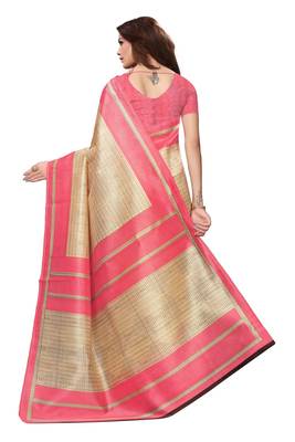 Beige printed art silk saree with blouse 4