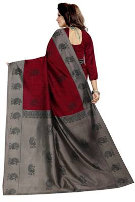 Red printed art silk saree with blouse 4