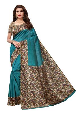 Turquoise printed art silk saree with blouse 1