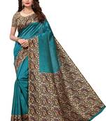 Turquoise printed art silk saree with blouse