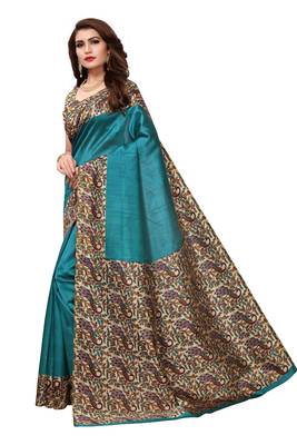 Turquoise printed art silk saree with blouse 2