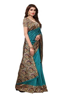Turquoise printed art silk saree with blouse 3