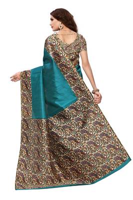 Turquoise printed art silk saree with blouse 4