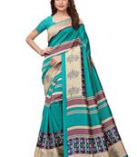 Turquoise printed art silk saree with blouse