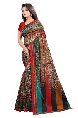 Multicolor printed art silk saree with blouse 3