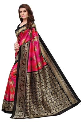 Pink printed art silk saree with blouse 2