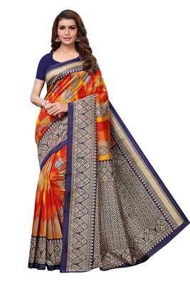 Red printed art silk saree with blouse 1