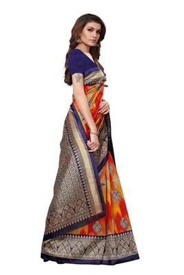 Red printed art silk saree with blouse 3