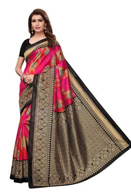 Pink printed art silk saree with blouse 1