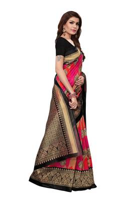 Pink printed art silk saree with blouse 3