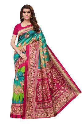 Green printed art silk saree with blouse 1