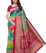 Green printed art silk saree with blouse