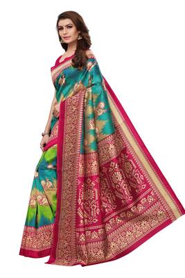 Green printed art silk saree with blouse 2