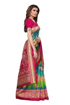 Green printed art silk saree with blouse 3