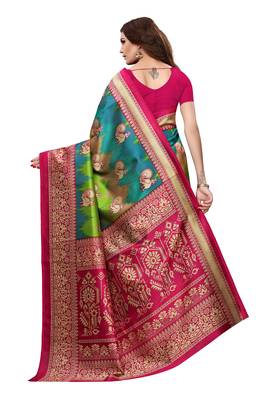 Green printed art silk saree with blouse 4