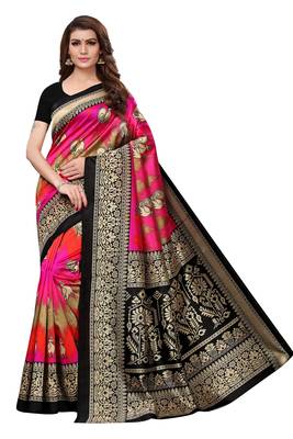 Pink printed art silk saree with blouse 1