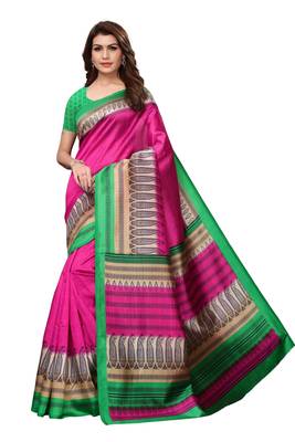 Pink printed art silk saree with blouse 1