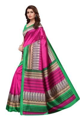 Pink printed art silk saree with blouse 2