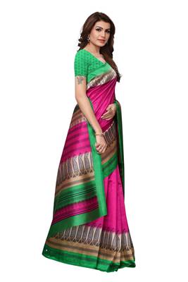 Pink printed art silk saree with blouse 3