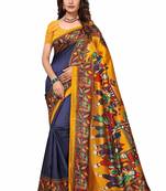 Navy blue printed art silk saree with blouse