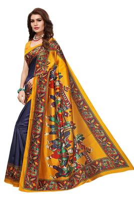 Navy blue printed art silk saree with blouse 2