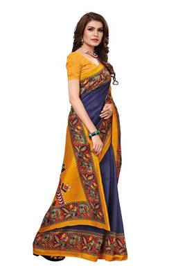 Navy blue printed art silk saree with blouse 3
