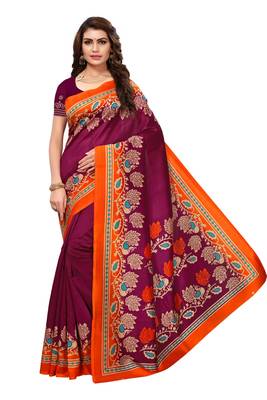 Wine printed art silk saree with blouse 1