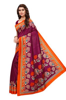 Wine printed art silk saree with blouse 2