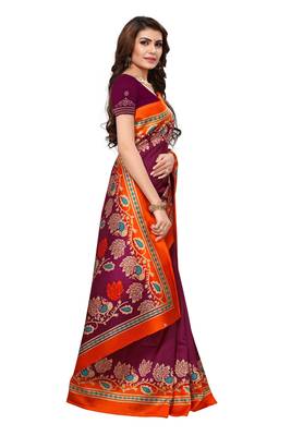 Wine printed art silk saree with blouse 3