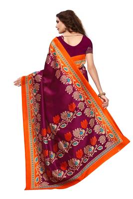 Wine printed art silk saree with blouse 4