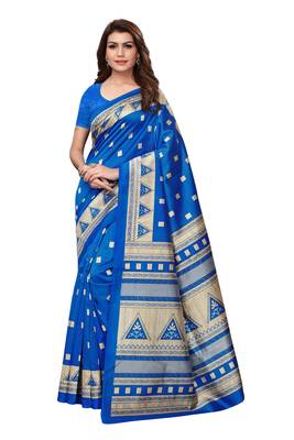 Blue printed art silk saree with blouse 1