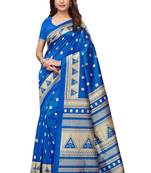Blue printed art silk saree with blouse