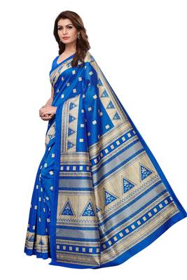 Blue printed art silk saree with blouse 2