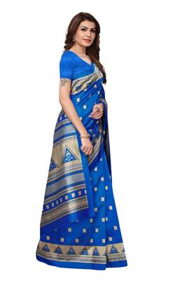Blue printed art silk saree with blouse 3
