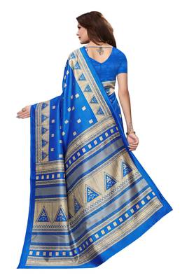 Blue printed art silk saree with blouse 4
