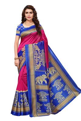 Pink printed art silk saree with blouse 1
