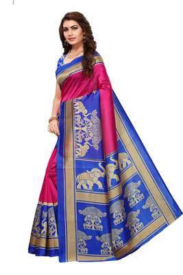 Pink printed art silk saree with blouse 2