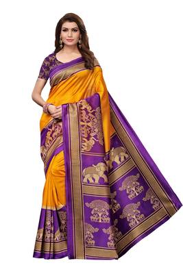 Yellow printed art silk saree with blouse 1