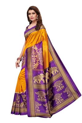 Yellow printed art silk saree with blouse 2