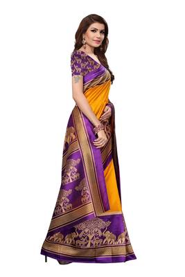 Yellow printed art silk saree with blouse 3