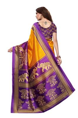 Yellow printed art silk saree with blouse 4