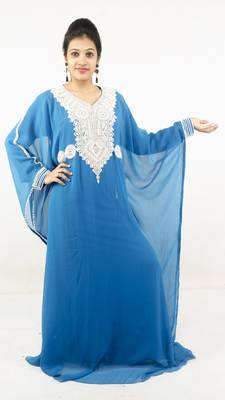 Teal blue embroidered georgette islamic kaftans 1