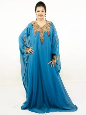 Teal blue embroidered georgette islamic kaftans 1