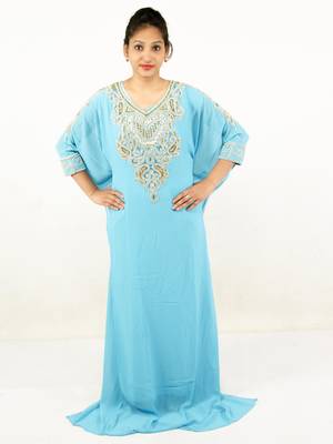 Aqua blue embroidered georgette islamic kaftans 1