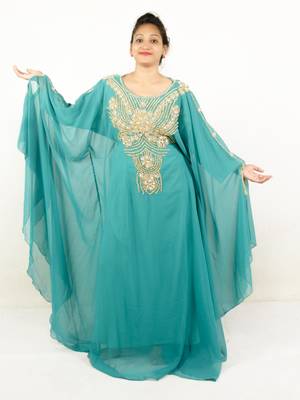 Teal embroidered georgette islamic kaftans 1