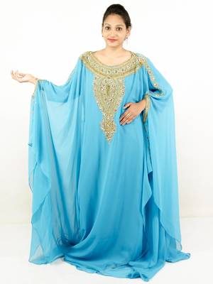 Aqua blue embroidered georgette islamic kaftans 1