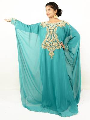 Teal embroidered georgette islamic kaftans 1